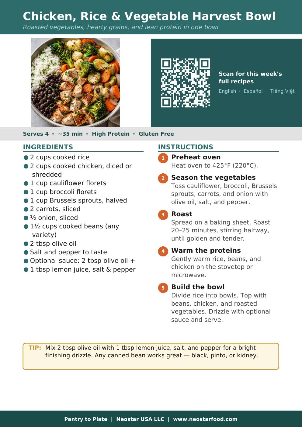 Chicken, Rice & Vegetable Harvest Bowl recipe card