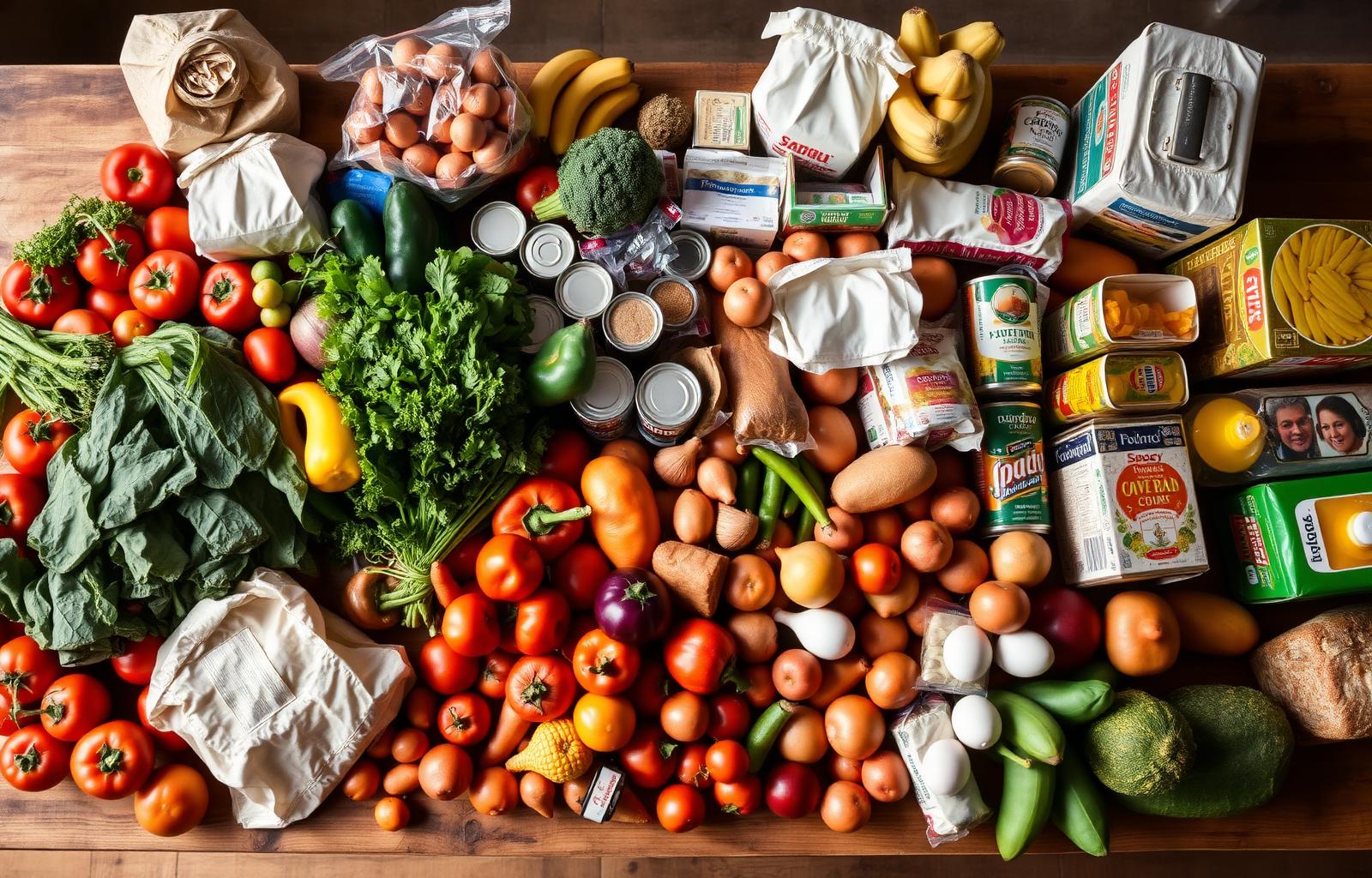 Food pantry table with canned goods, rice, beans, produce, and tortillas